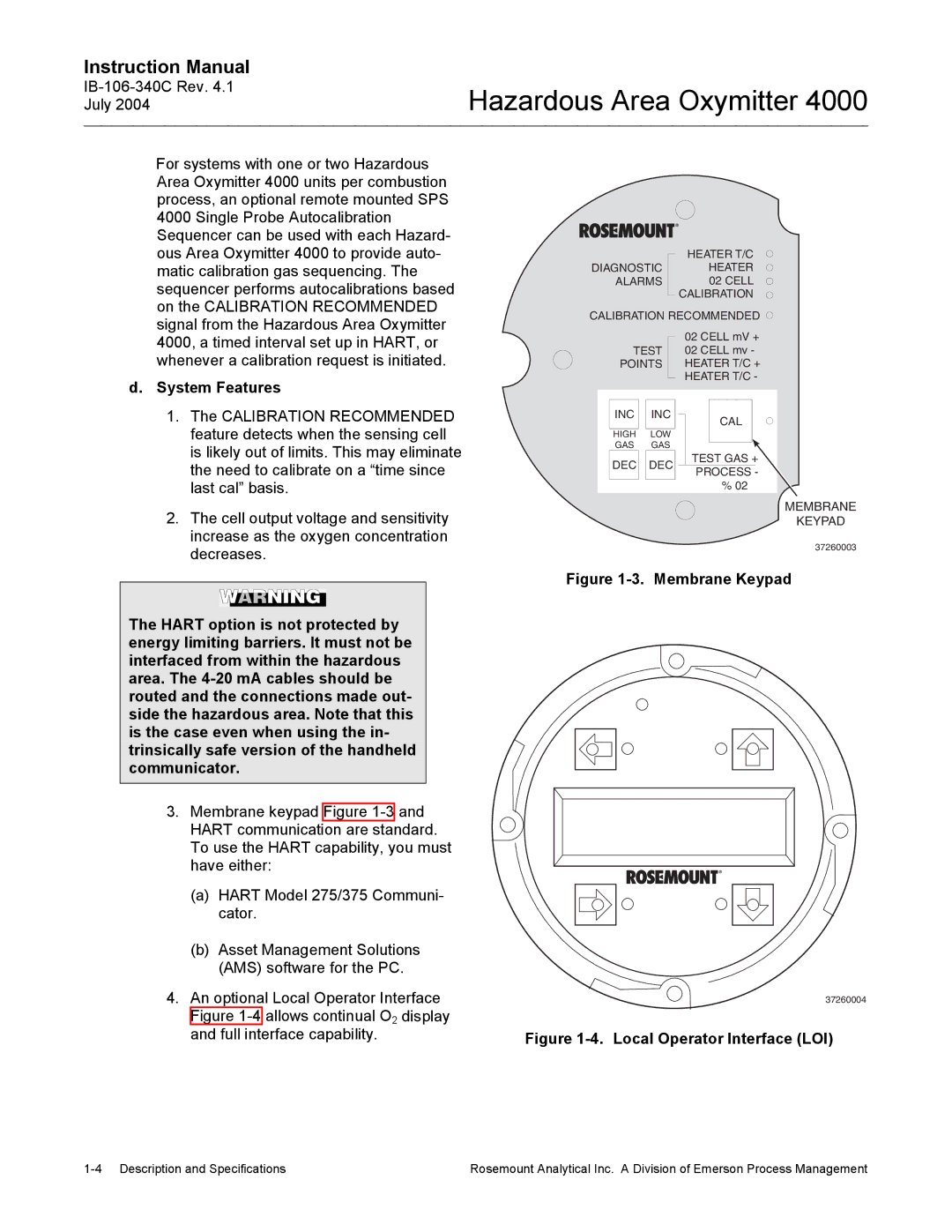 Emerson Process Management OXYMITTER 4000 instruction manual System Features, Membrane Keypad 