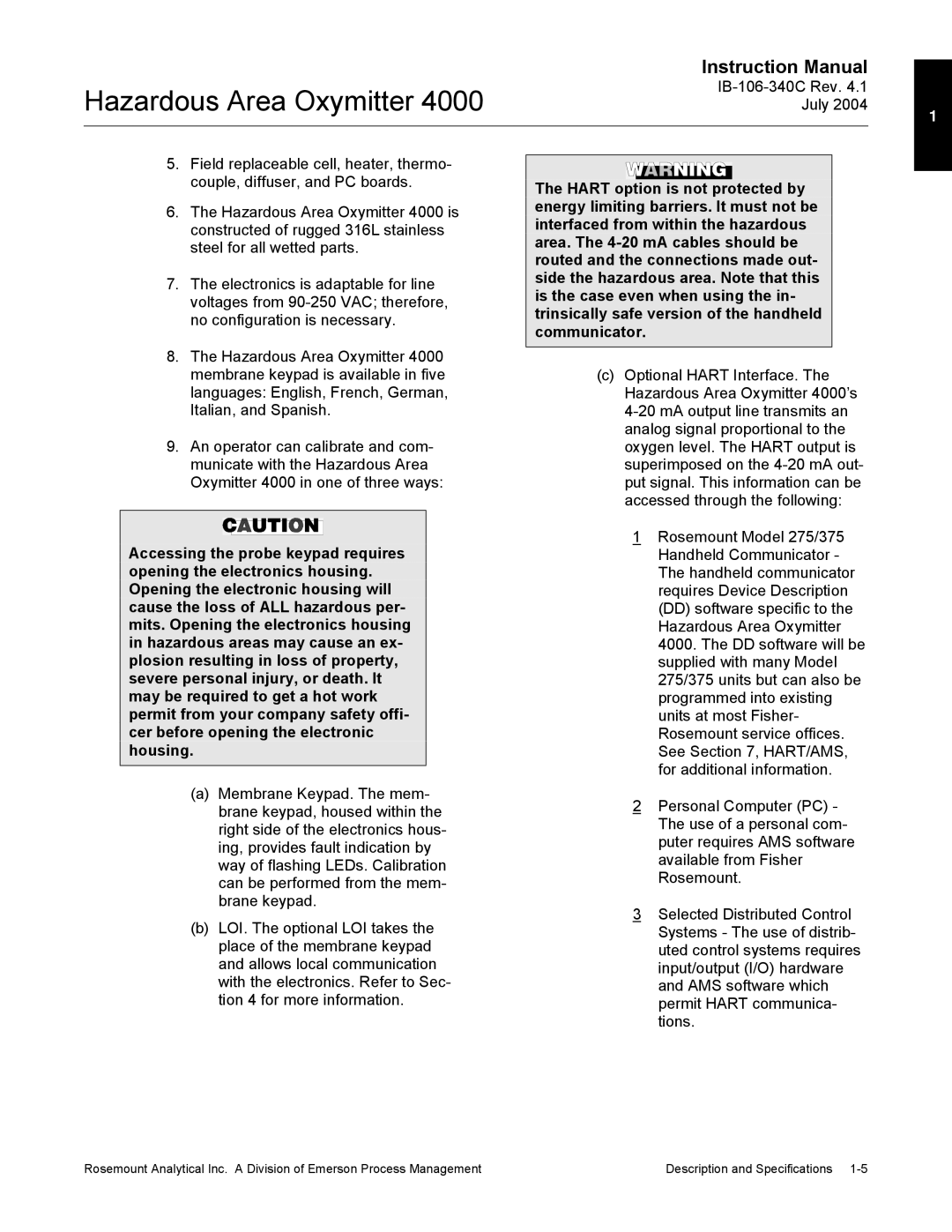 Emerson Process Management OXYMITTER 4000 instruction manual Hazardous Area Oxymitter 