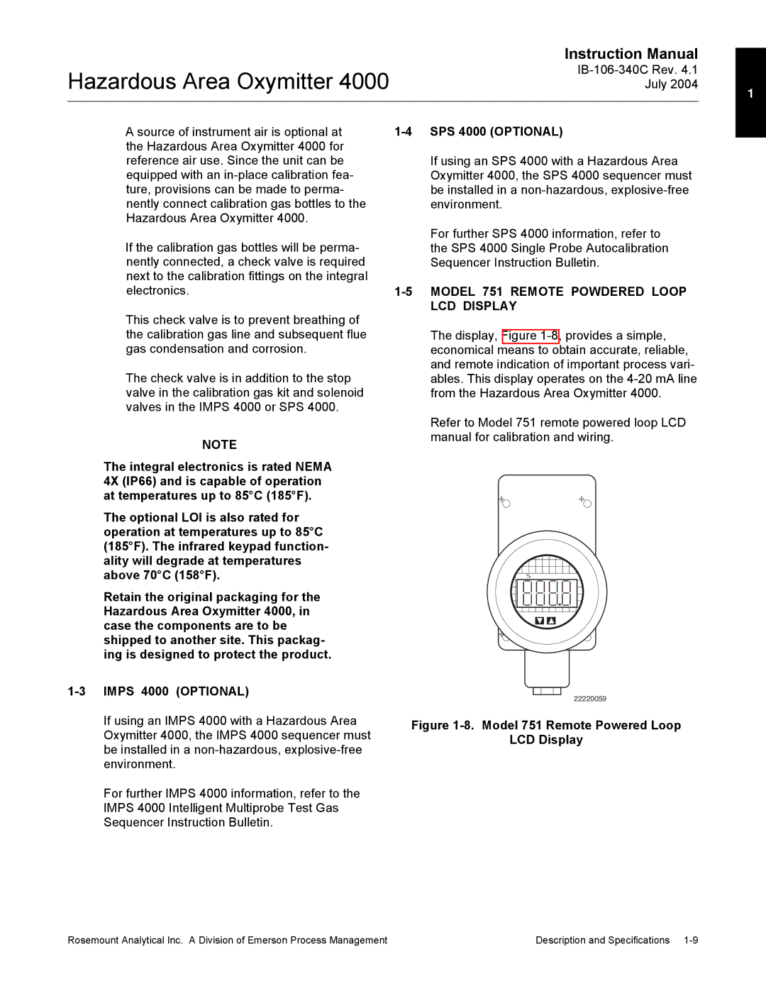 Emerson Process Management OXYMITTER 4000 instruction manual SPS 4000 Optional, Model 751 Remote Powdered Loop LCD Display 