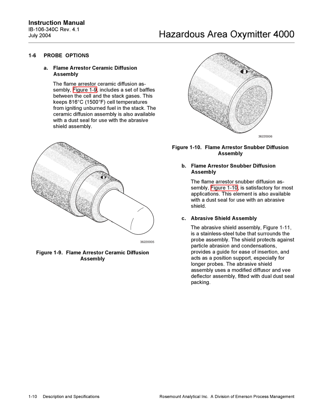 Emerson Process Management OXYMITTER 4000 instruction manual Probe Options, Flame Arrestor Ceramic Diffusion Assembly 