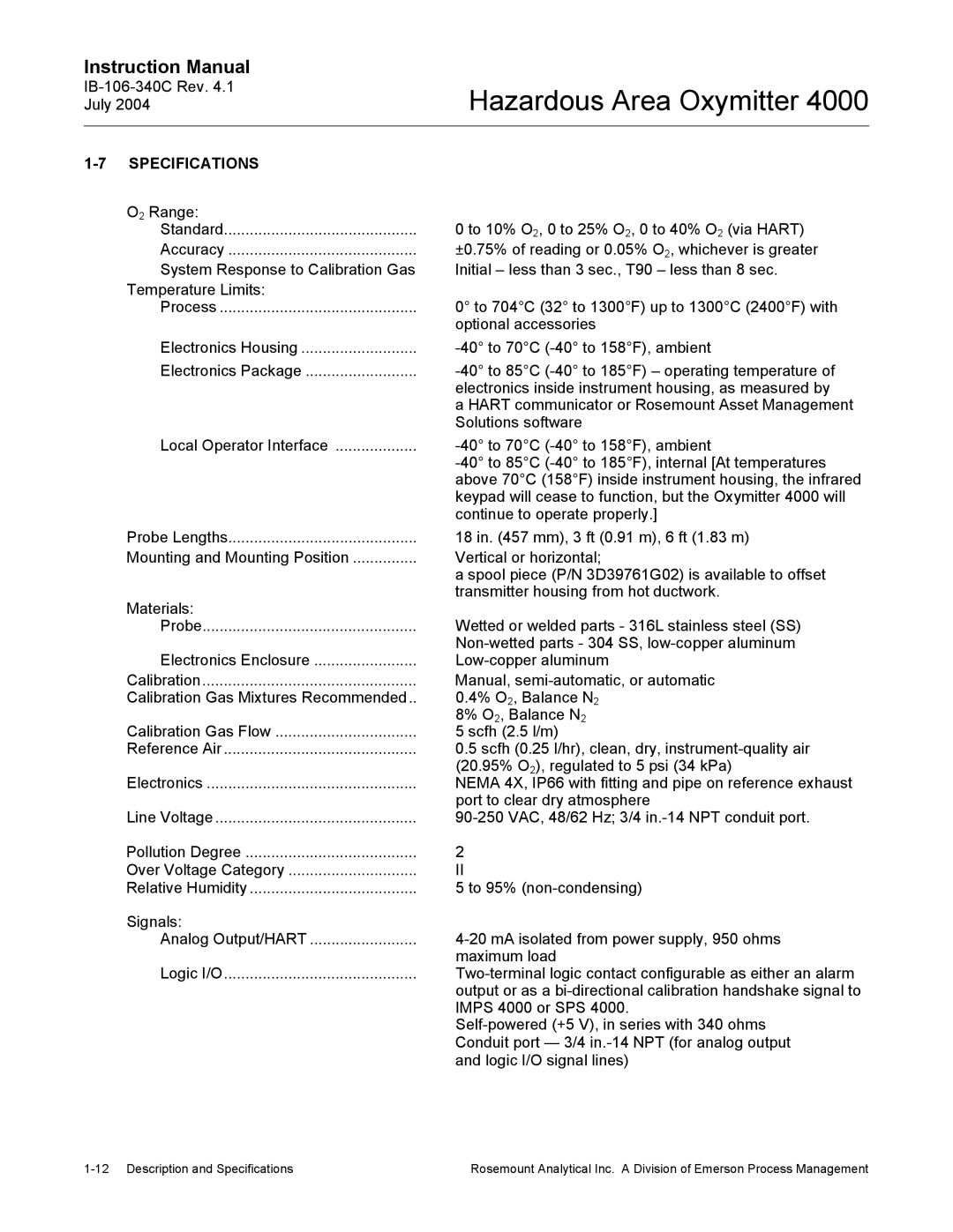 Emerson Process Management OXYMITTER 4000 instruction manual Specifications 