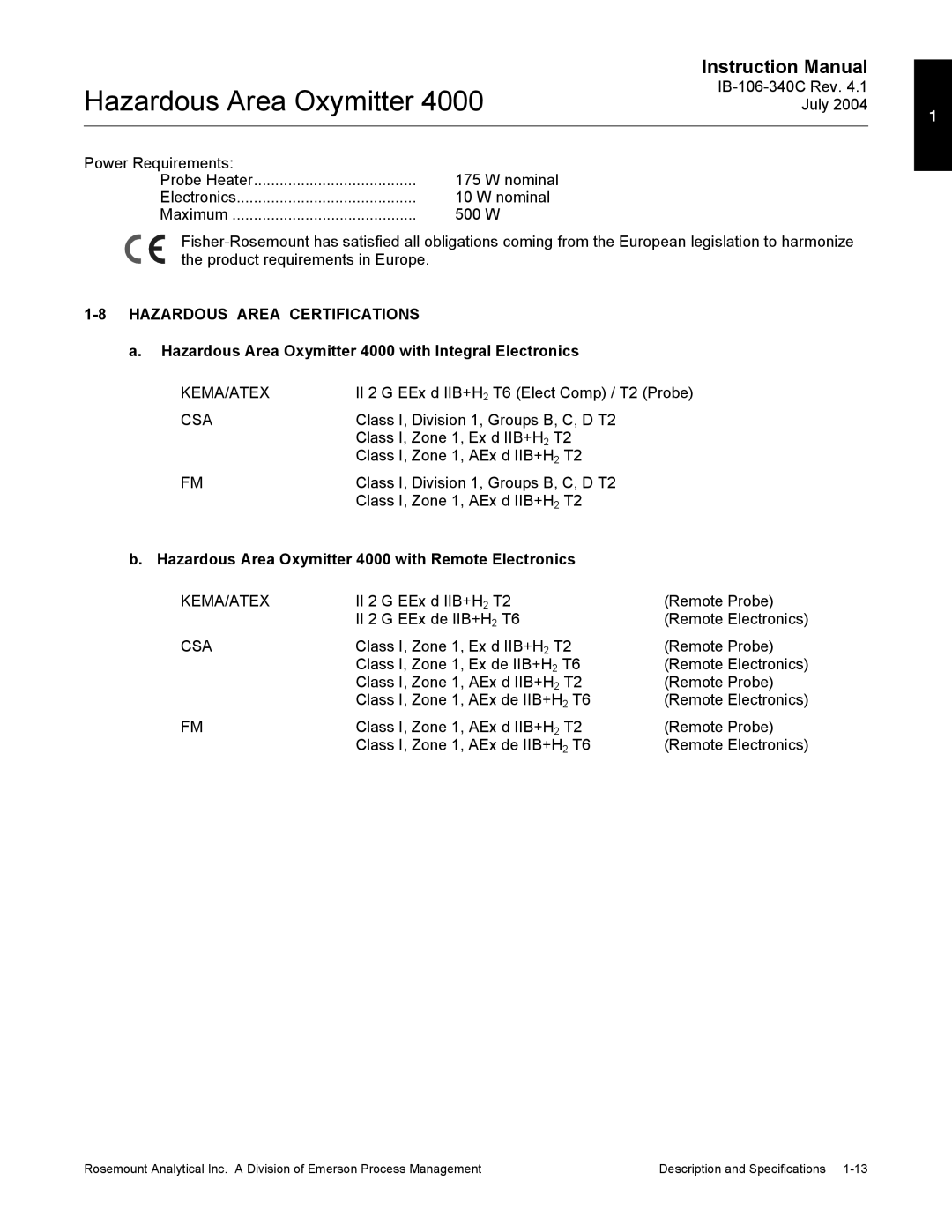 Emerson Process Management OXYMITTER 4000 instruction manual Hazardous Area Certifications 