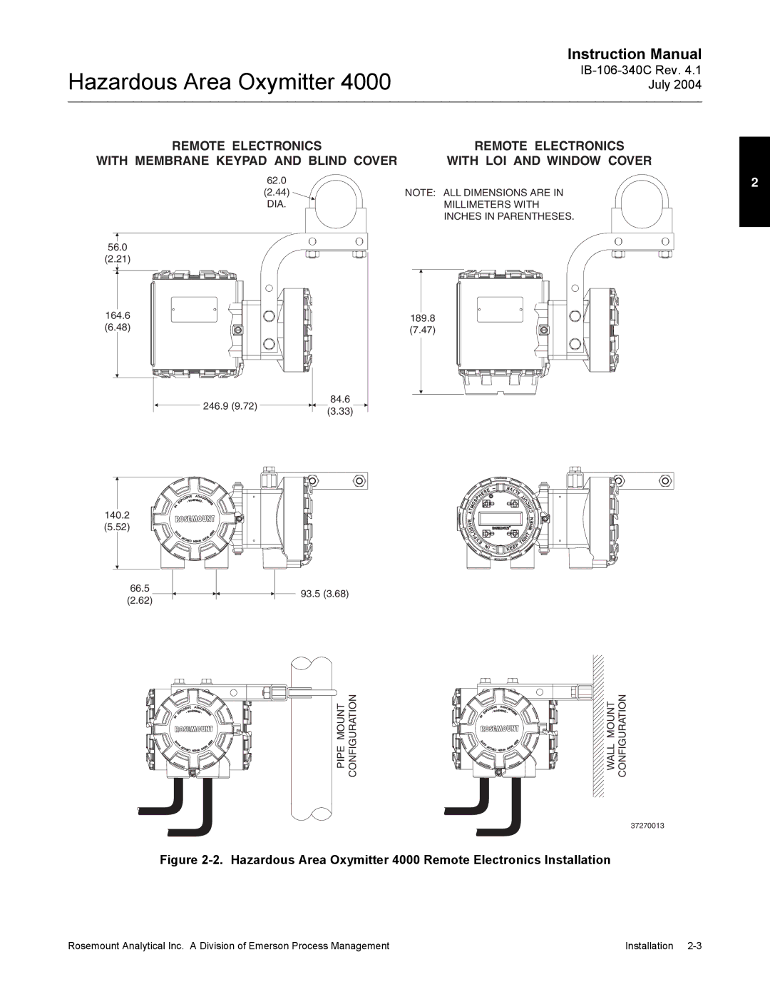 Emerson Process Management OXYMITTER 4000 instruction manual DIA Millimeters with Inches in Parentheses 