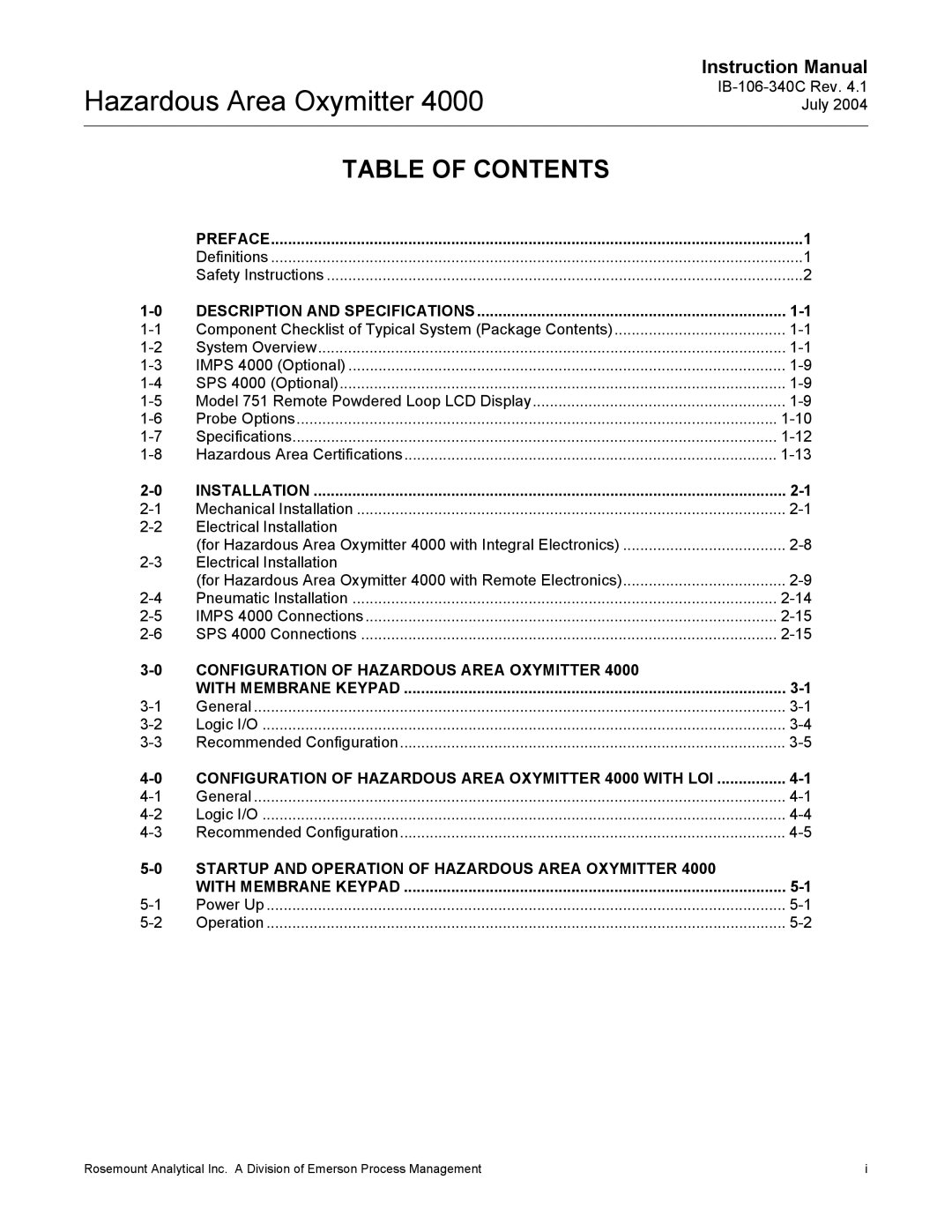 Emerson Process Management OXYMITTER 4000 instruction manual Hazardous Area Oxymitter, Table of Contents 