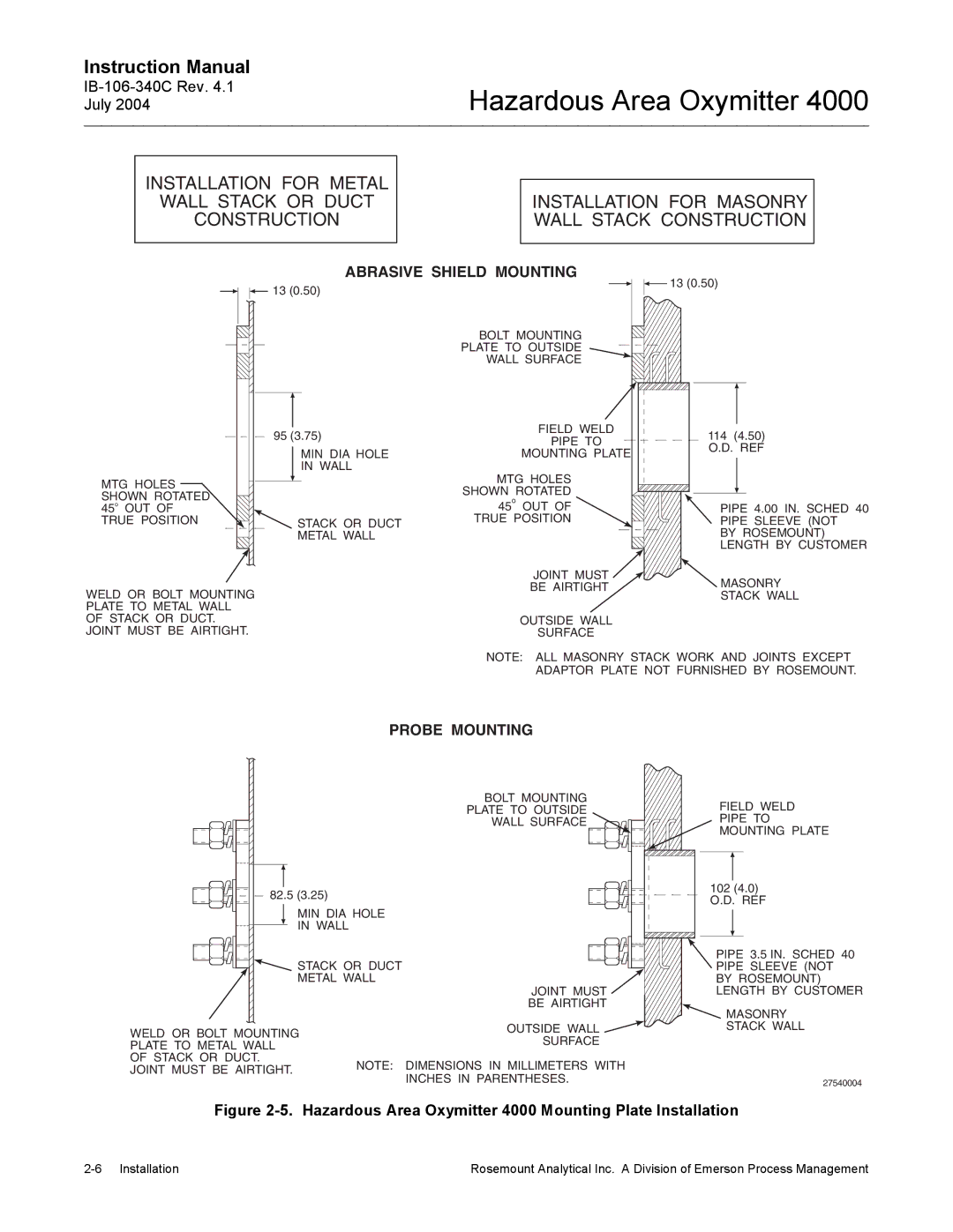 Emerson Process Management OXYMITTER 4000 instruction manual Abrasive Shield Mounting, Probe Mounting 