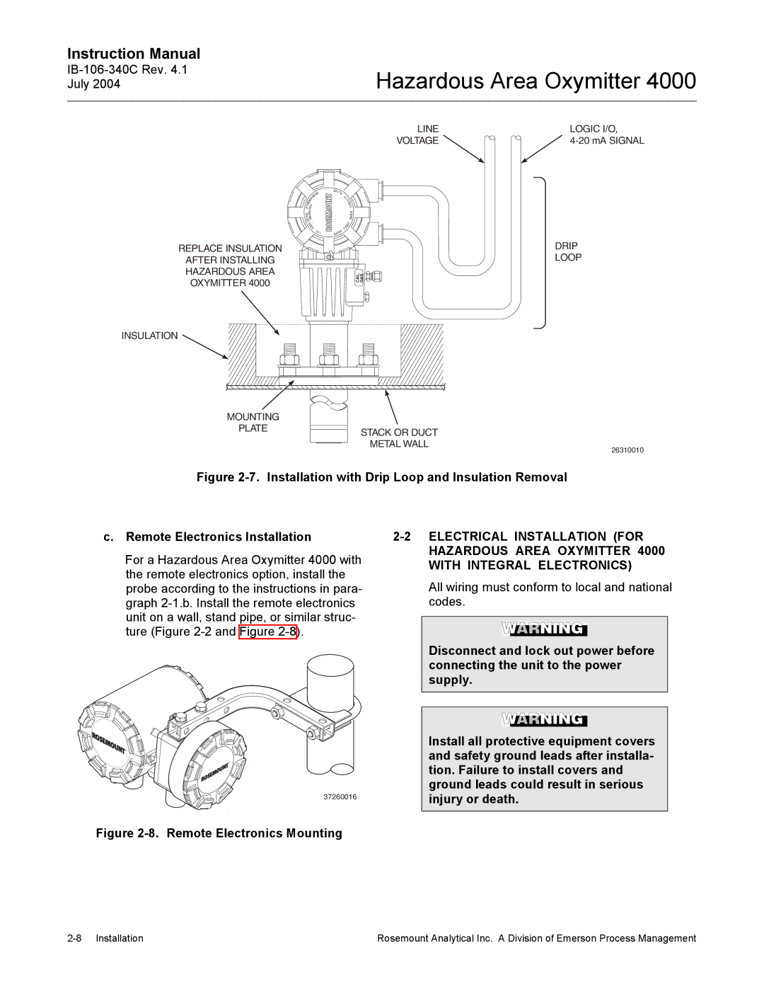 Emerson Process Management OXYMITTER 4000 instruction manual Remote Electronics Mounting 