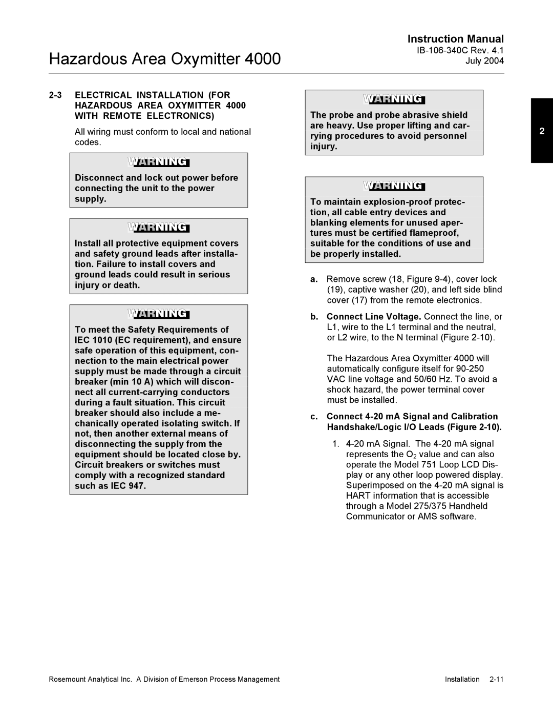 Emerson Process Management OXYMITTER 4000 instruction manual All wiring must conform to local and national codes 