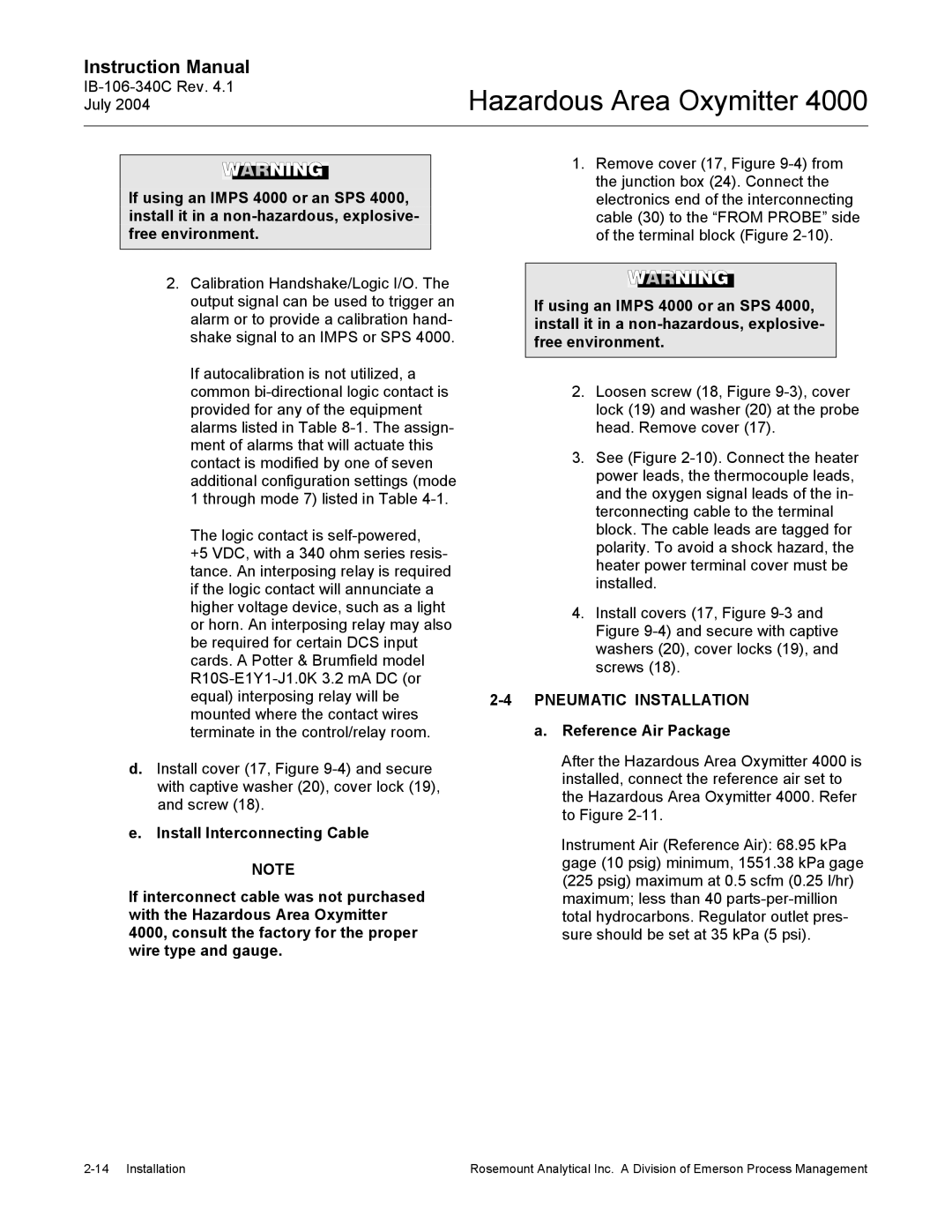 Emerson Process Management OXYMITTER 4000 instruction manual Pneumatic Installation, Reference Air Package 