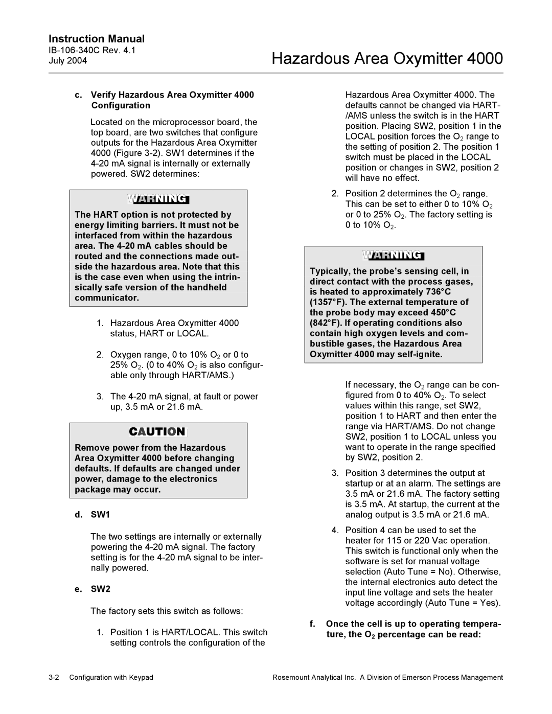 Emerson Process Management OXYMITTER 4000 instruction manual Verify Hazardous Area Oxymitter 4000 Configuration, SW2 