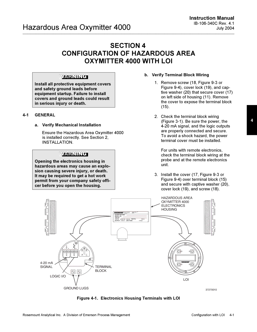 Emerson Process Management OXYMITTER 4000 instruction manual Electronics Housing Terminals with LOI 