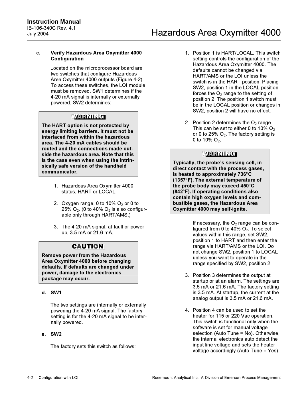 Emerson Process Management OXYMITTER 4000 instruction manual Verify Hazardous Area Oxymitter 4000 Configuration 