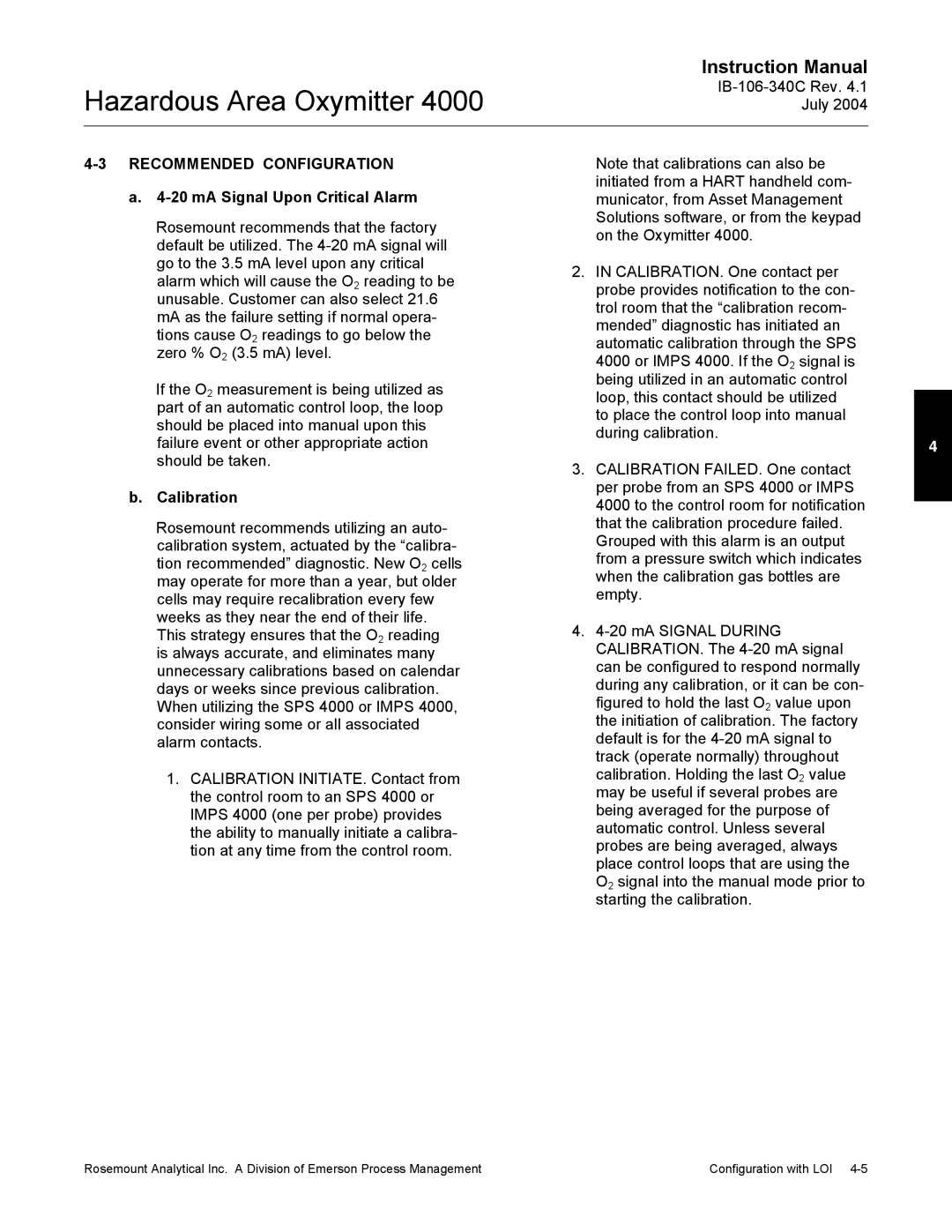 Emerson Process Management OXYMITTER 4000 instruction manual Recommended Configuration, MA Signal Upon Critical Alarm 