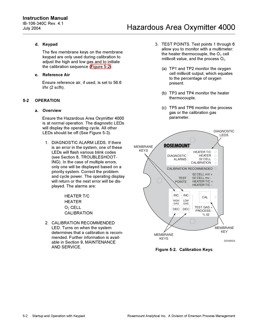 Emerson Process Management OXYMITTER 4000 instruction manual Keypad, Reference Air, Operation, Overview 