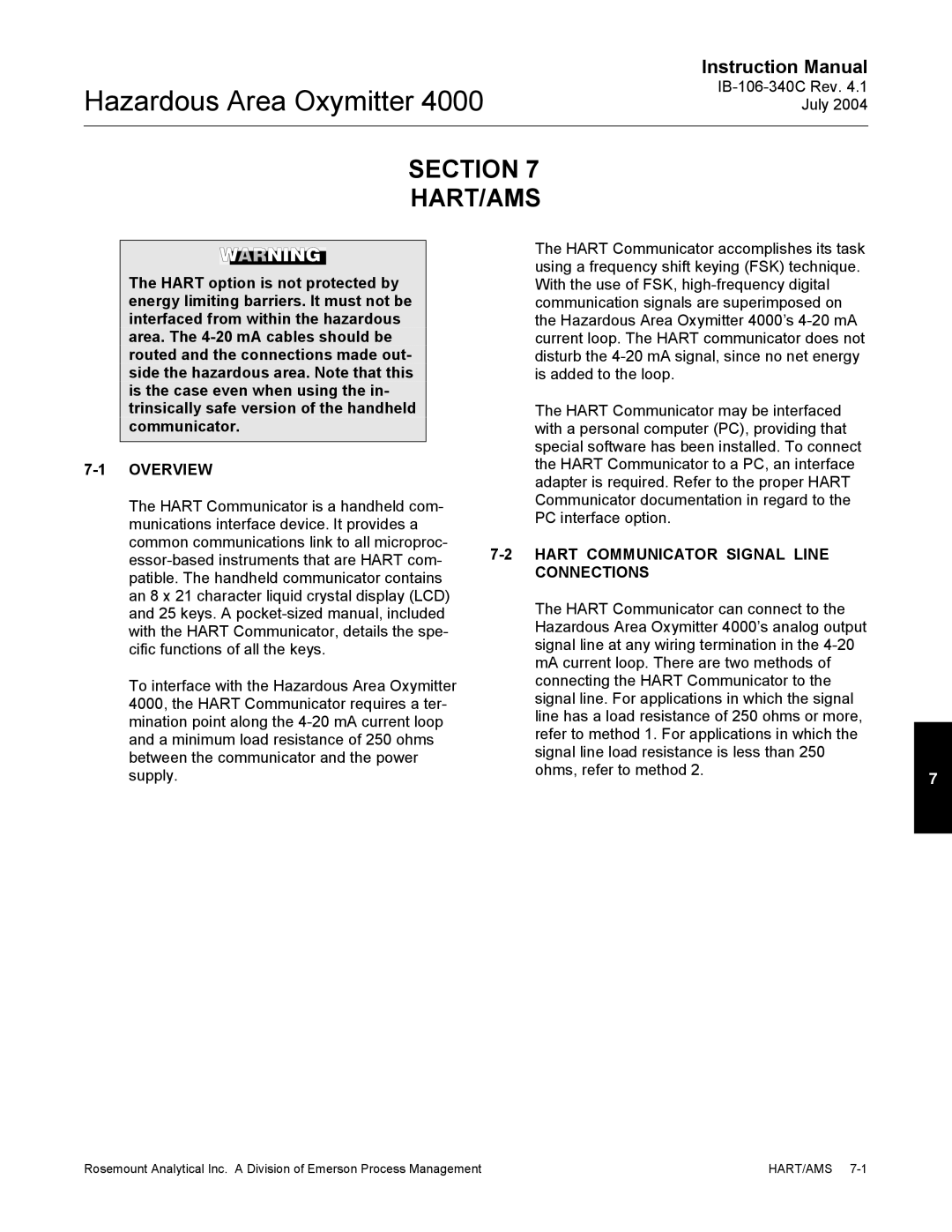 Emerson Process Management OXYMITTER 4000 Section HART/AMS, Overview, Hart Communicator Signal Line, Connections 