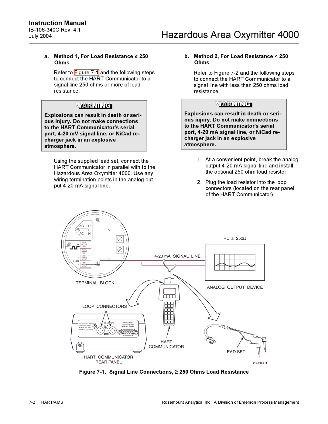 Emerson Process Management OXYMITTER 4000 instruction manual Signal Line Connections, ≥ 250 Ohms Load Resistance 