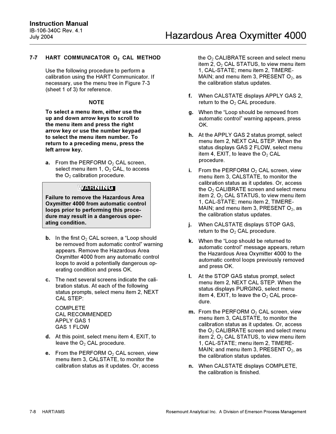 Emerson Process Management OXYMITTER 4000 Hart Communicator O2 CAL Method, Complete CAL Recommended Apply GAS GAS 1 Flow 