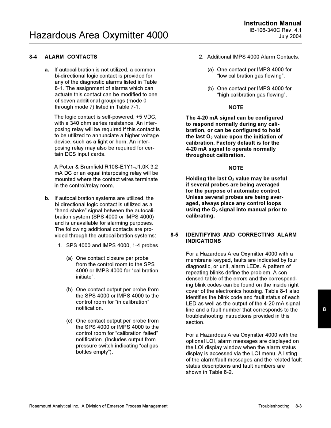 Emerson Process Management OXYMITTER 4000 instruction manual Alarm Contacts, Identifying and Correcting Alarm, Indications 