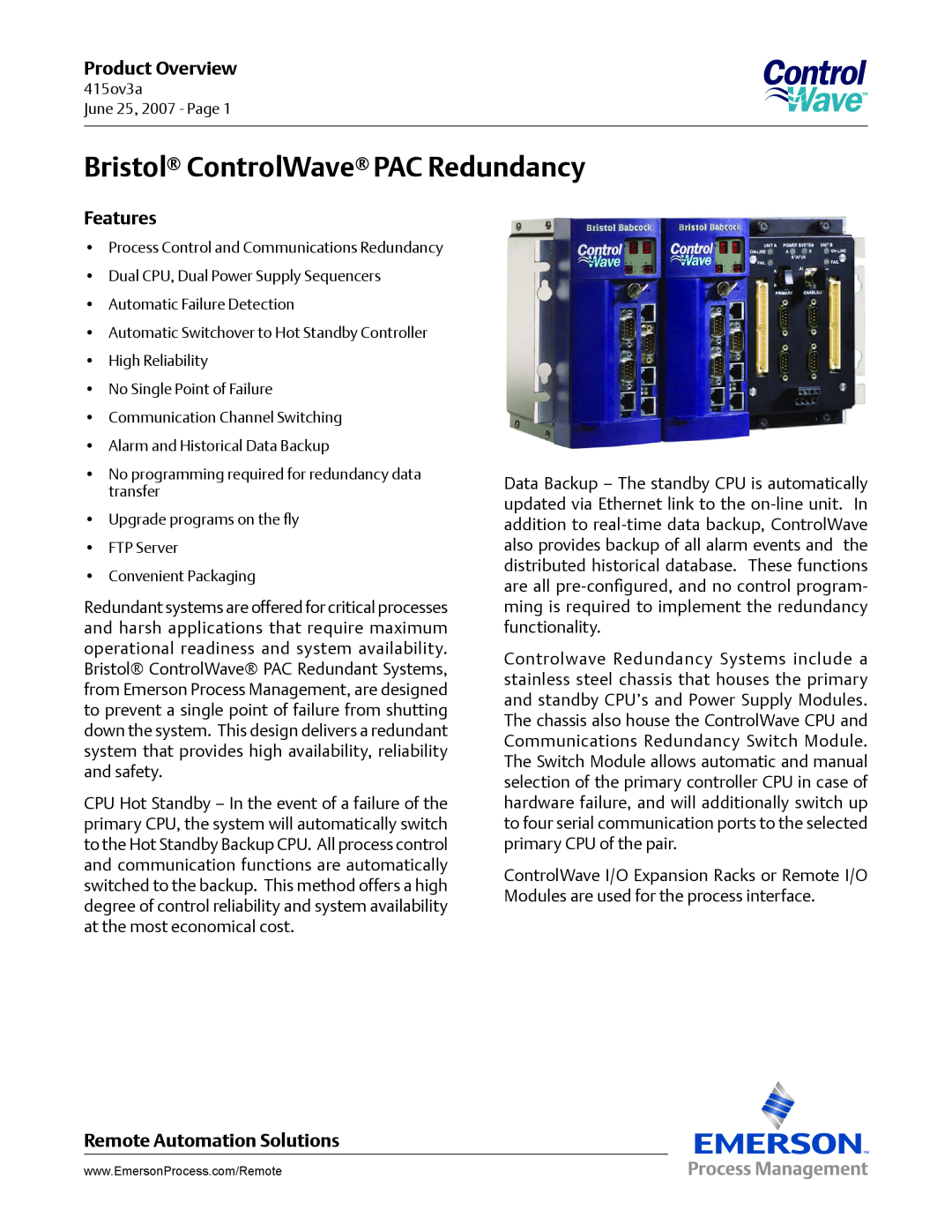 Emerson Process Management manual Bristol ControlWave PAC Redundancy, Product Overview, Features 