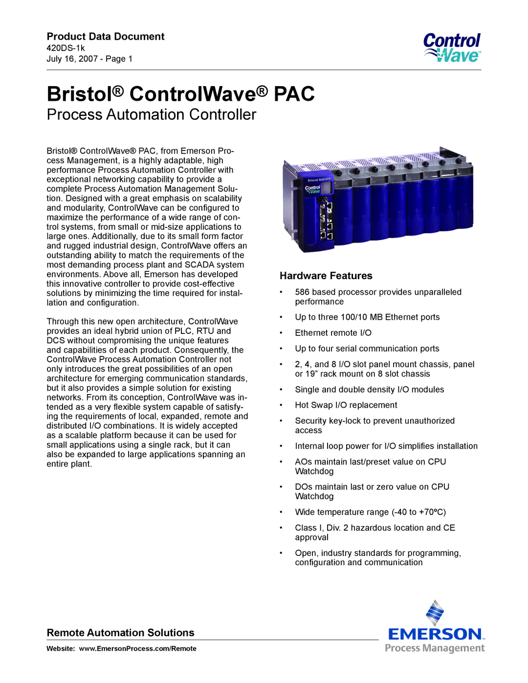 Emerson Process Management PAC manual Product Data Document, Hardware Features, Remote Automation Solutions 