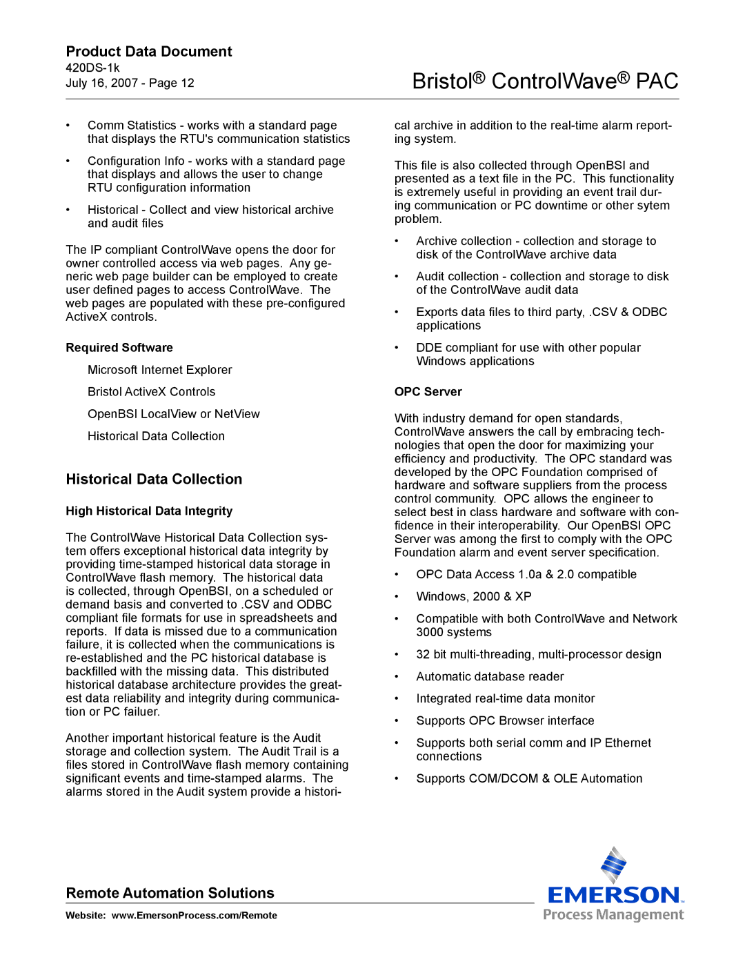 Emerson Process Management PAC Historical Data Collection, Required Software, High Historical Data Integrity, OPC Server 