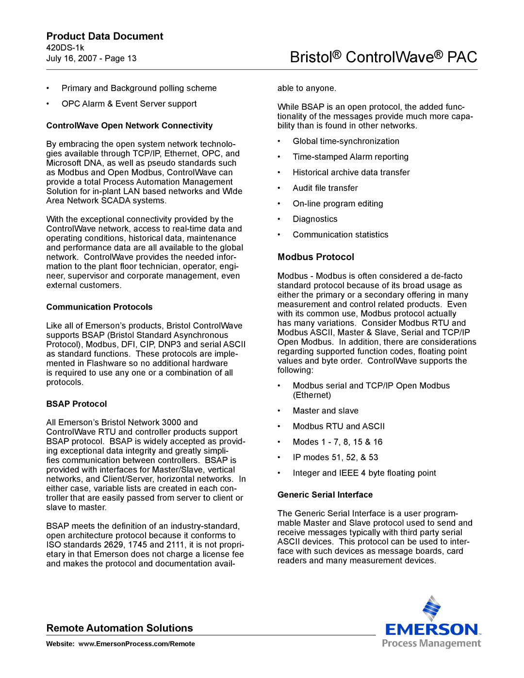 Emerson Process Management PAC manual Modbus Protocol, ControlWave Open Network Connectivity, Communication Protocols 