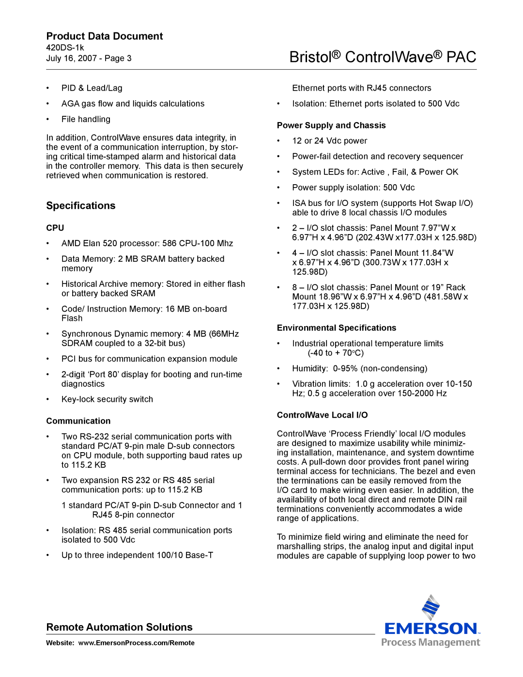 Emerson Process Management PAC manual Power Supply and Chassis, Communication, Environmental Specifications 