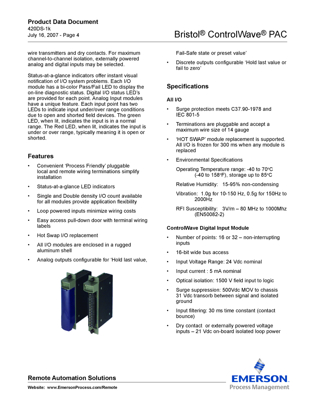 Emerson Process Management PAC manual Features, All I/O, ControlWave Digital Input Module 