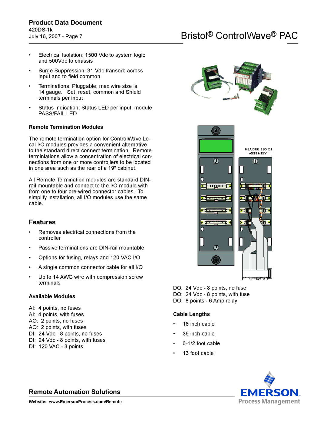 Emerson Process Management PAC manual Remote Termination Modules, Available Modules, Cable Lengths 