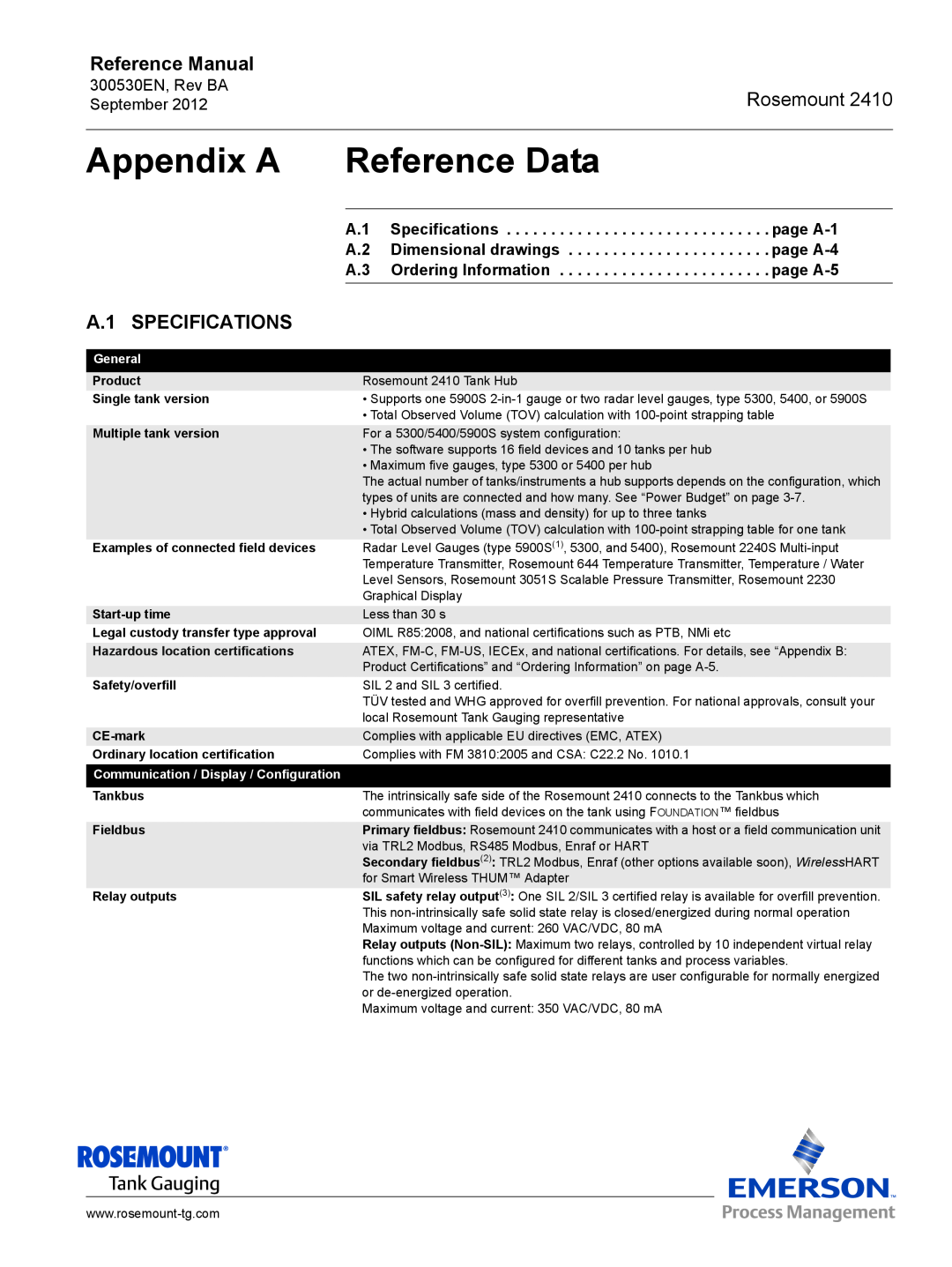 Emerson Process Management Rosemount 2410 Appendix A, Reference Data, A.1 SPECIFICATIONS, page A-1, page A-4, page A-5 