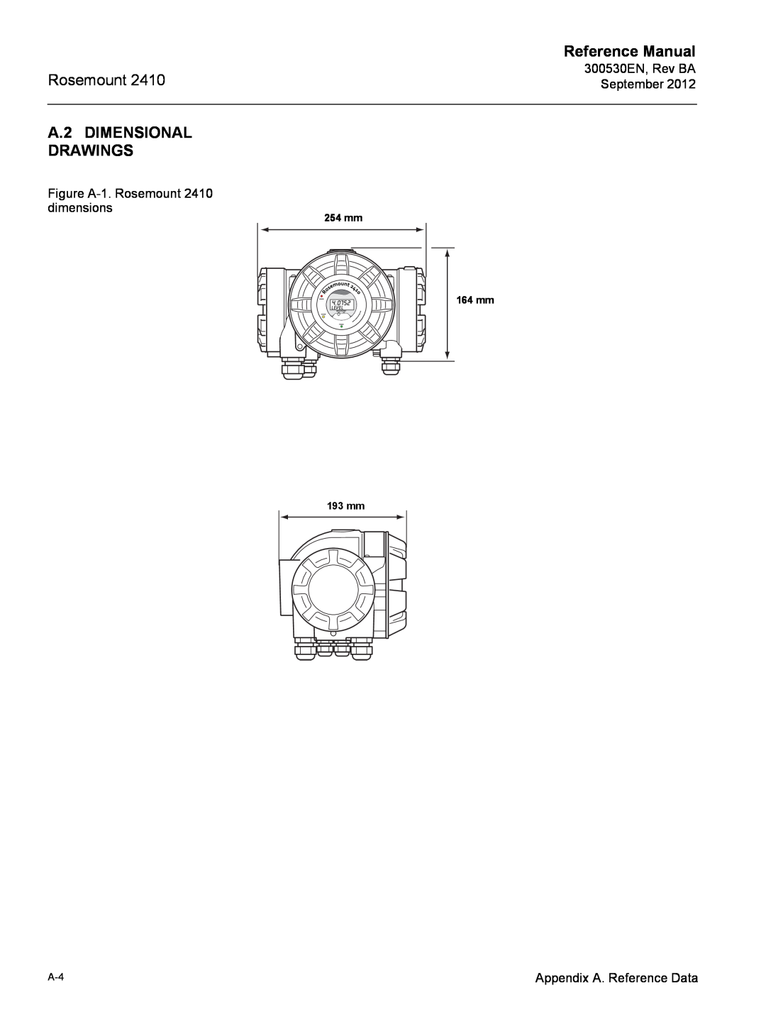 Emerson Process Management Rosemount 2410 manual A.2 DIMENSIONAL DRAWINGS, Reference Manual, 254 mm 164 mm 193 mm 