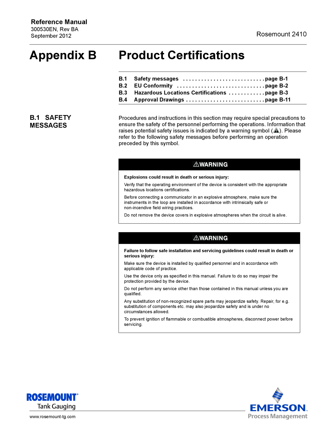 Emerson Process Management Rosemount 2410 manual Appendix B Product Certifications, B.1 SAFETY MESSAGES, Reference Manual 
