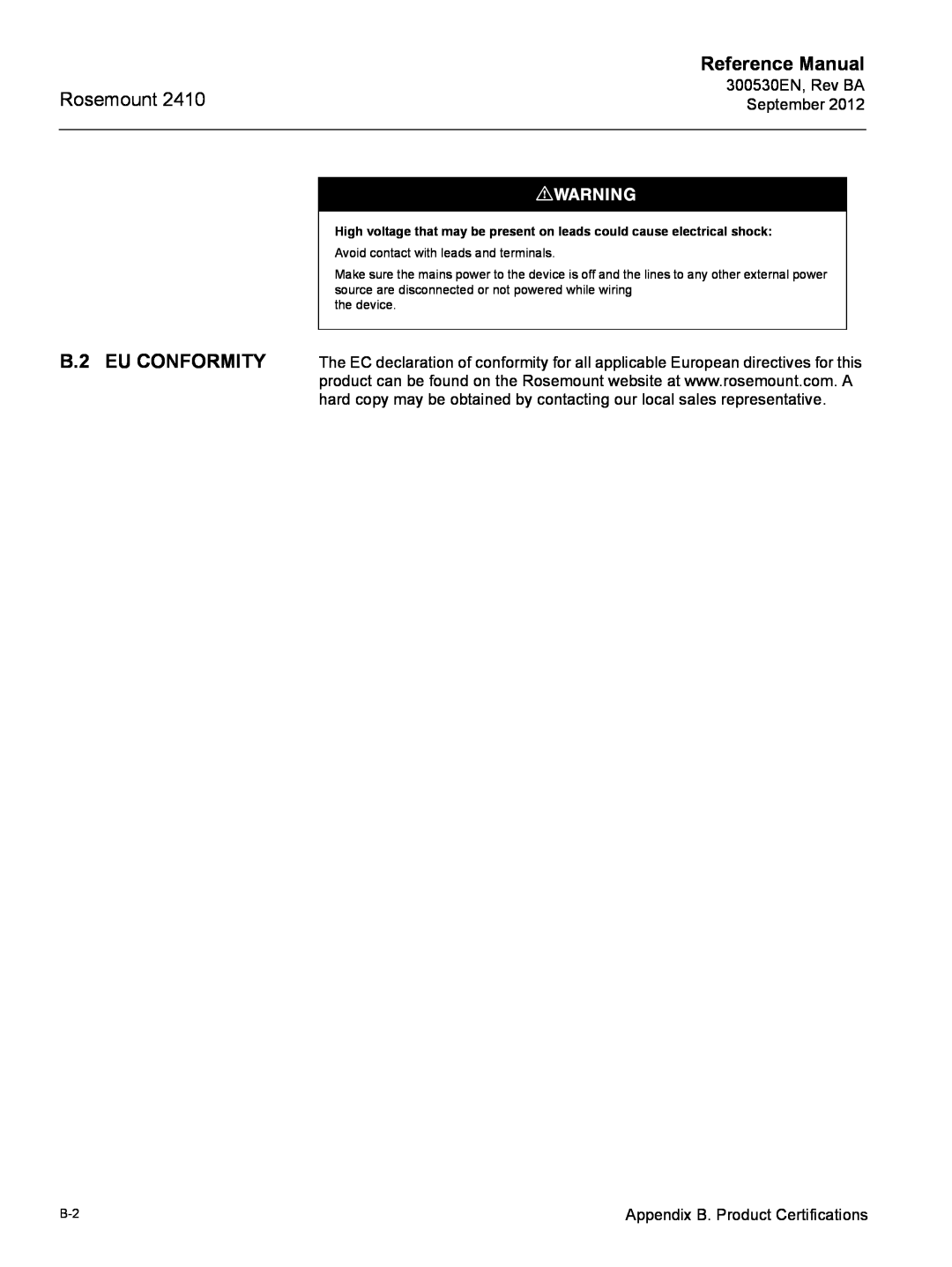 Emerson Process Management Rosemount 2410 manual B.2 EU CONFORMITY, Reference Manual 