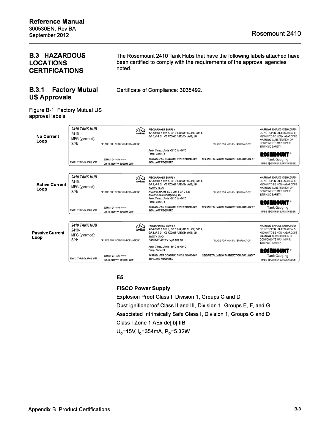 Emerson Process Management Rosemount 2410 manual B.3 HAZARDOUS LOCATIONS CERTIFICATIONS, B.3.1 Factory Mutual US Approvals 