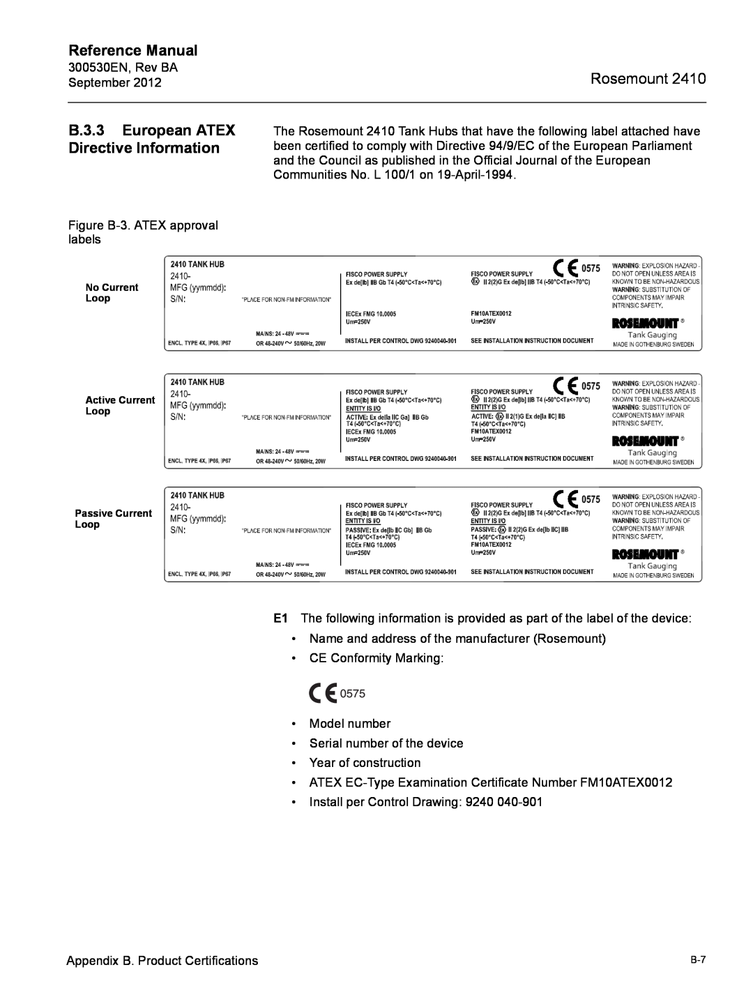 Emerson Process Management Rosemount 2410 manual B.3.3 European ATEX Directive Information, Reference Manual 