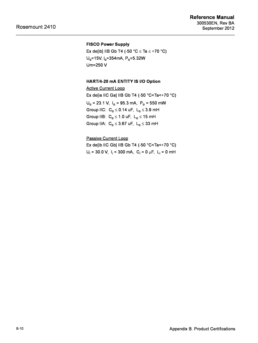 Emerson Process Management Rosemount 2410 Reference Manual, FISCO Power Supply, HART/4-20 mA ENTITY IS I/O Option, B-10 