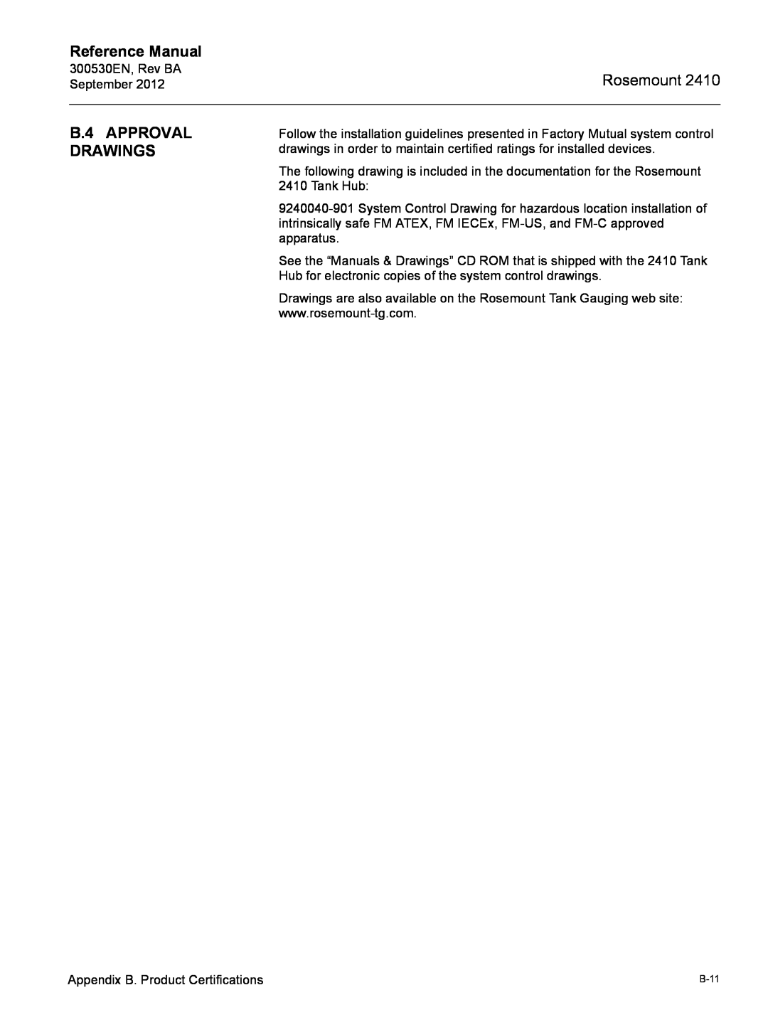 Emerson Process Management Rosemount 2410 manual B.4 APPROVAL DRAWINGS, Reference Manual, B-11 