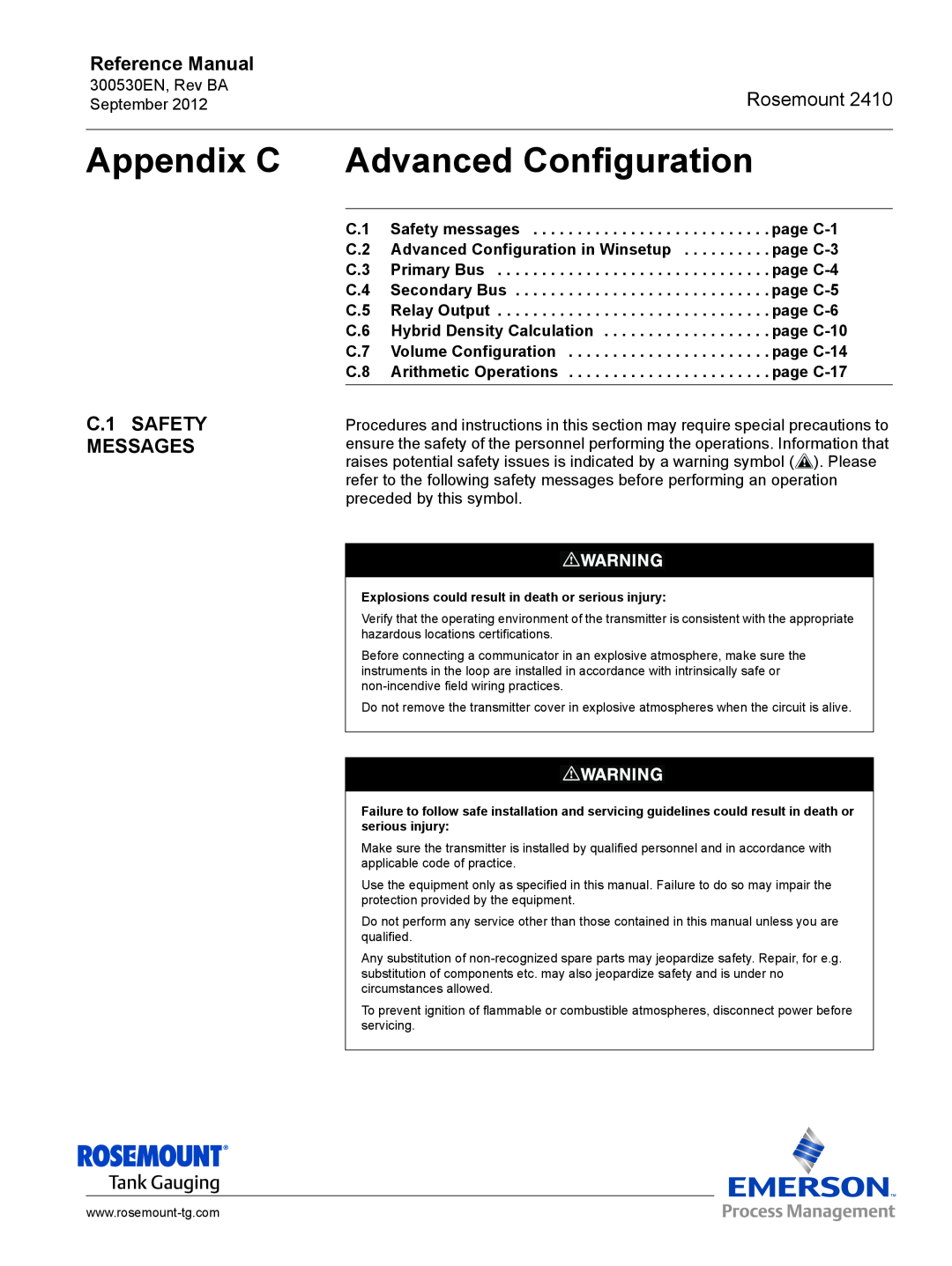 Emerson Process Management Rosemount 2410 manual Appendix C Advanced Configuration, C.1 SAFETY MESSAGES, Reference Manual 