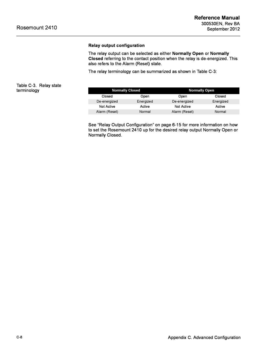 Emerson Process Management Rosemount 2410 Relay output configuration, Reference Manual, Normally Closed, Normally Open 