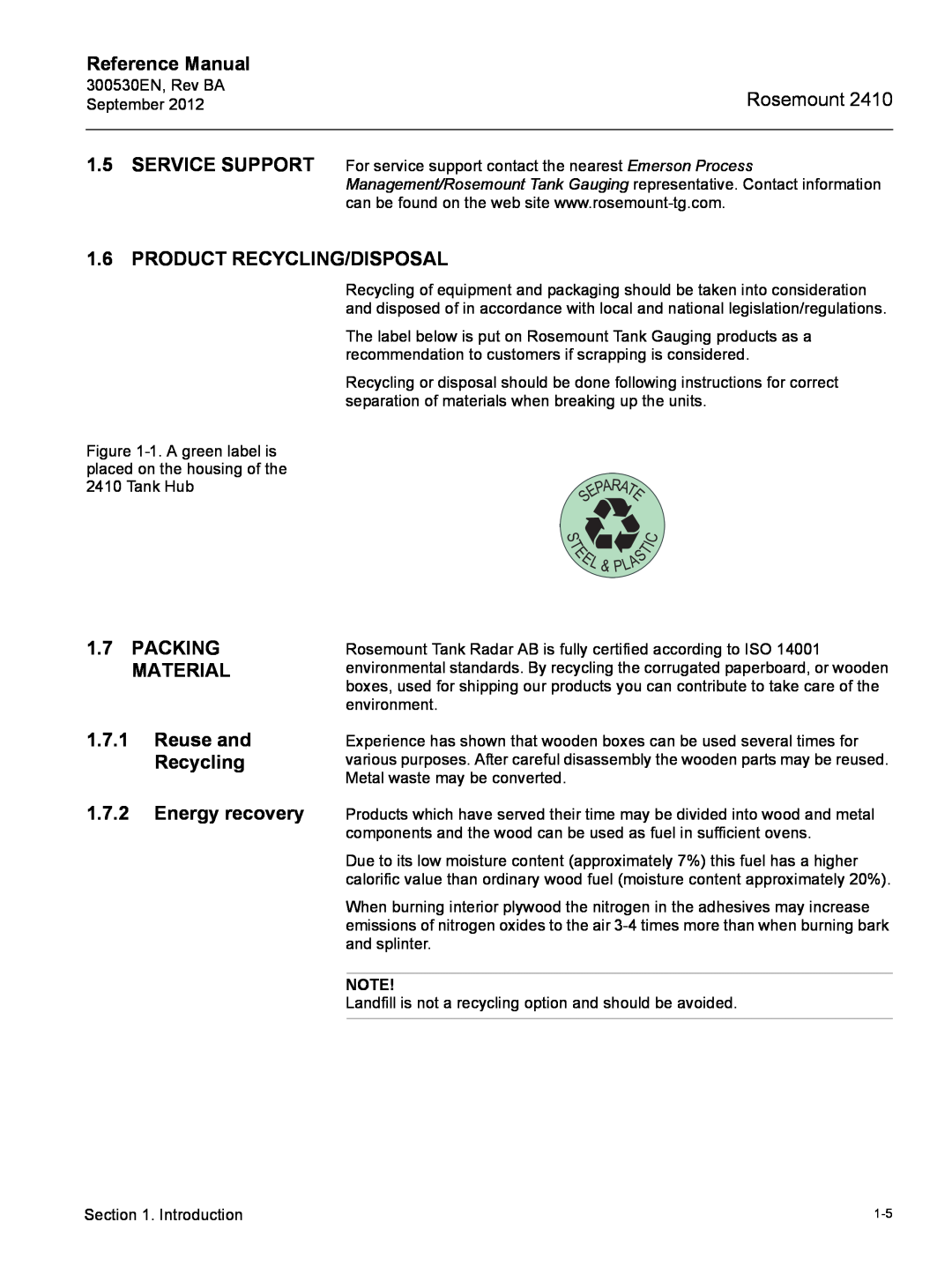 Emerson Process Management Rosemount 2410 manual Product Recycling/Disposal, Reference Manual 