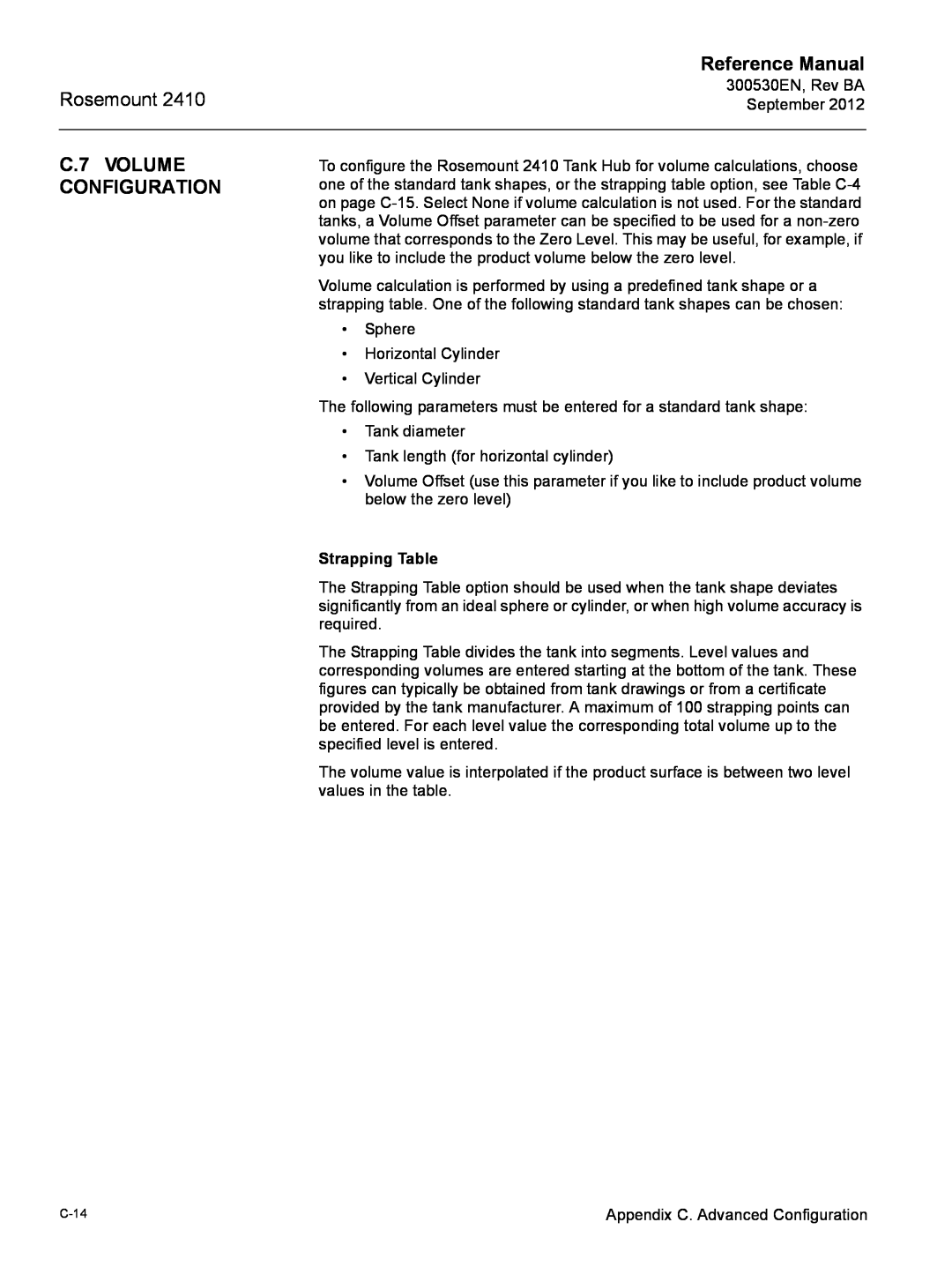 Emerson Process Management Rosemount 2410 manual C.7 VOLUME CONFIGURATION, Strapping Table, Reference Manual, C-14 