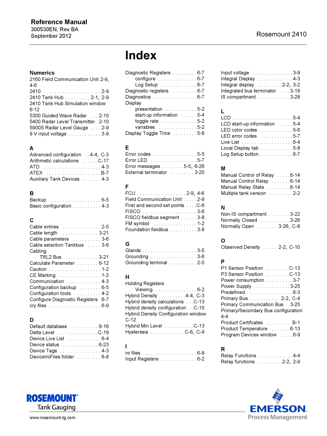 Emerson Process Management Rosemount 2410 manual Index, Numerics, Reference Manual 