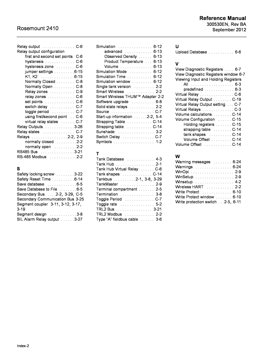 Emerson Process Management Rosemount 2410 manual Reference Manual, Secondary Communication Bus, Index-2 