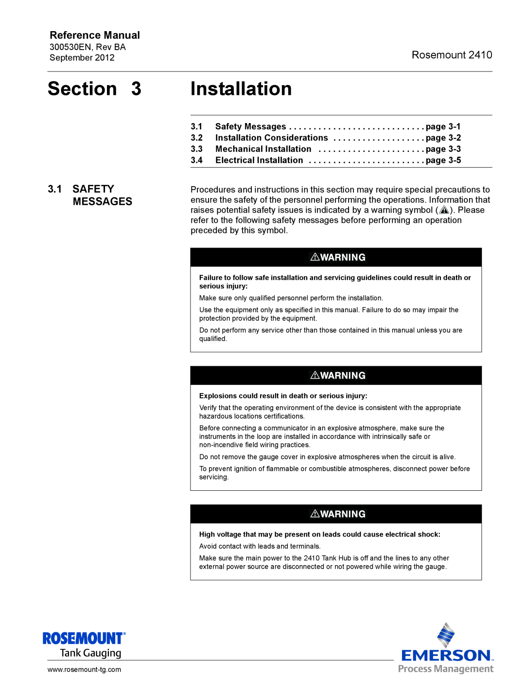 Emerson Process Management Rosemount 2410 manual Safety Messages, Section, Installation, Reference Manual 