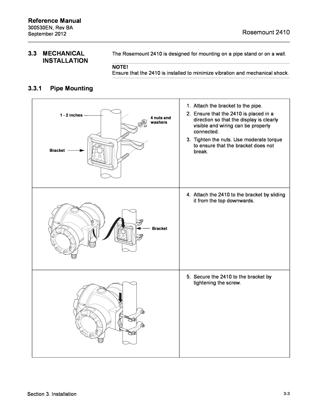 Emerson Process Management Rosemount 2410 Mechanical Installation, Pipe Mounting, Reference Manual, 1 - 2 inches Bracket 