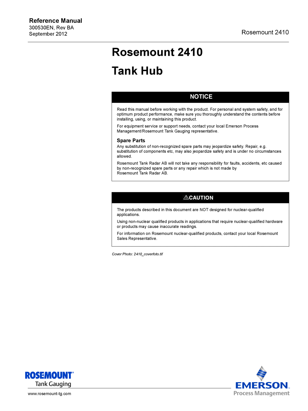 Emerson Process Management Rosemount 2410 manual Rosemount Tank Hub, Spare Parts, Reference Manual 