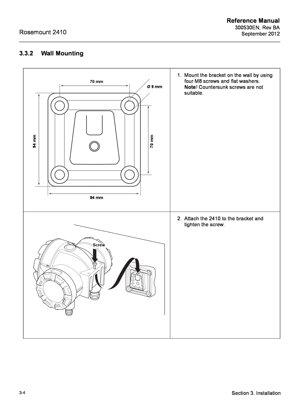 Emerson Process Management Rosemount 2410 manual Wall Mounting, Reference Manual, Ø 9 mm, 70 mm 94 mm, Screw 
