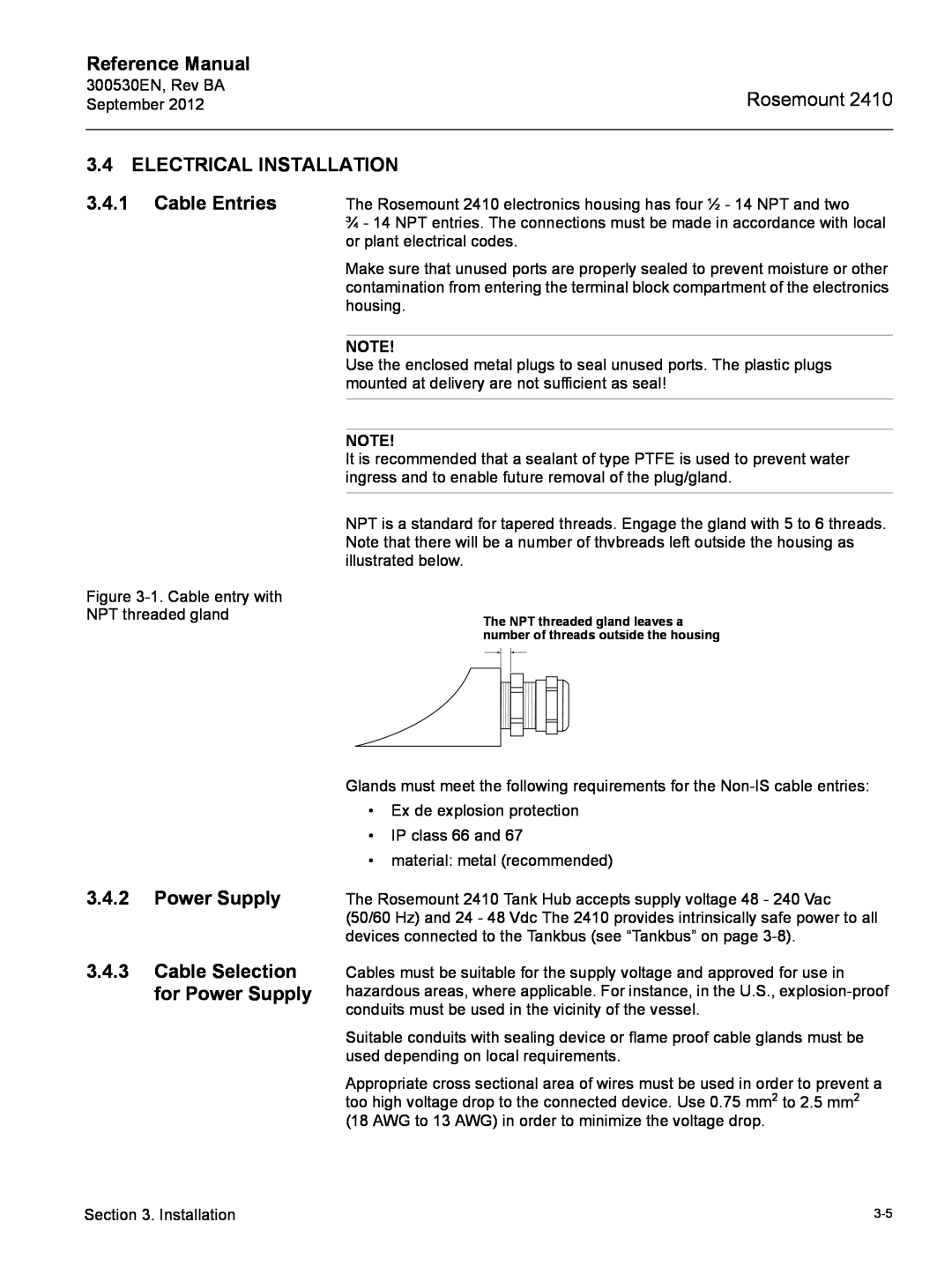 Emerson Process Management Rosemount 2410 manual Electrical Installation, Cable Entries, Reference Manual 