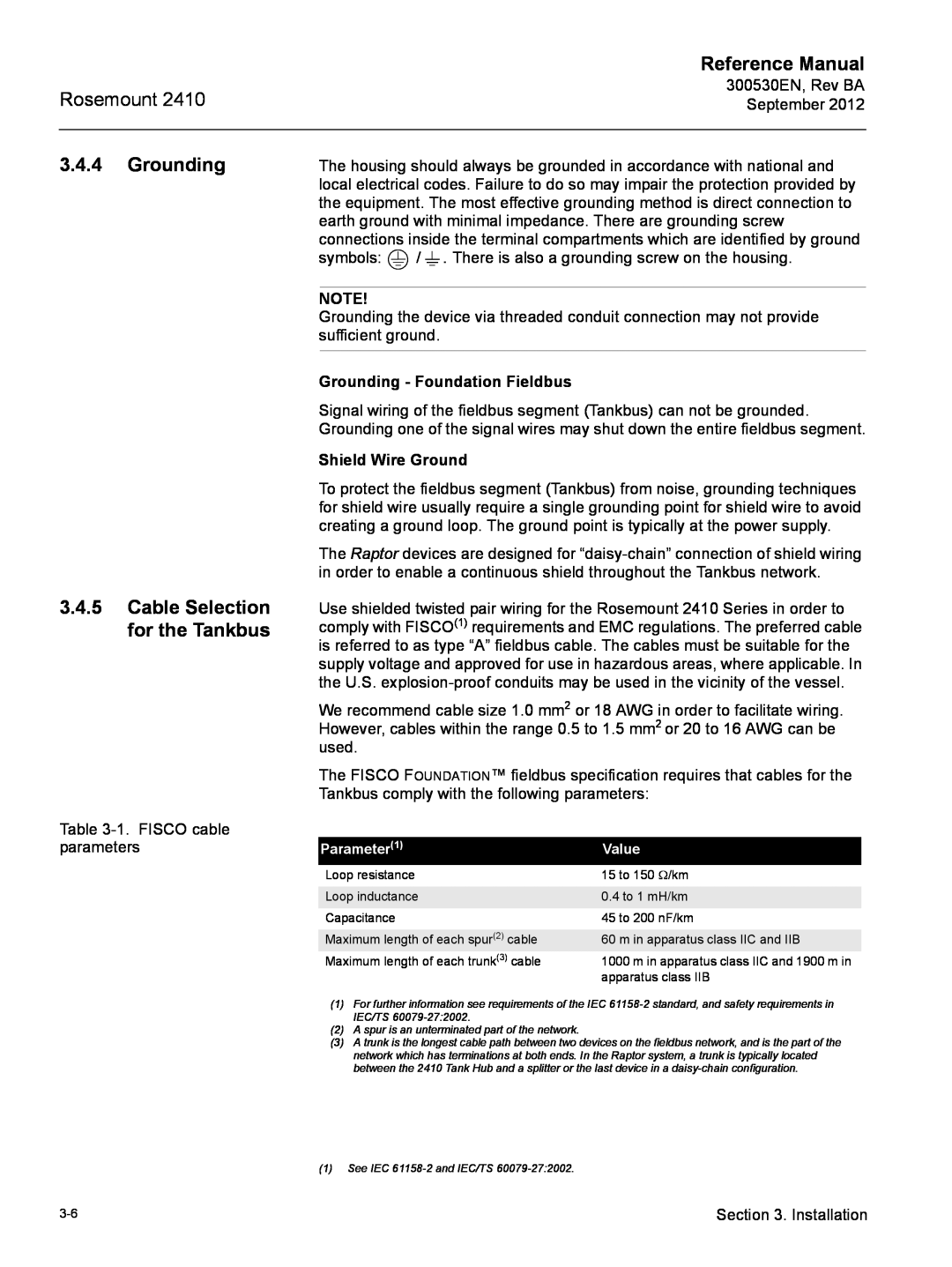 Emerson Process Management Rosemount 2410 Grounding 3.4.5 Cable Selection for the Tankbus, Grounding - Foundation Fieldbus 