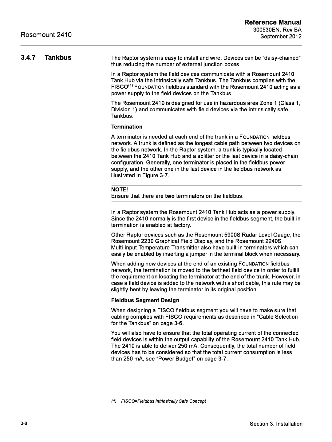 Emerson Process Management Rosemount 2410 manual Tankbus, Termination, Fieldbus Segment Design, Reference Manual 