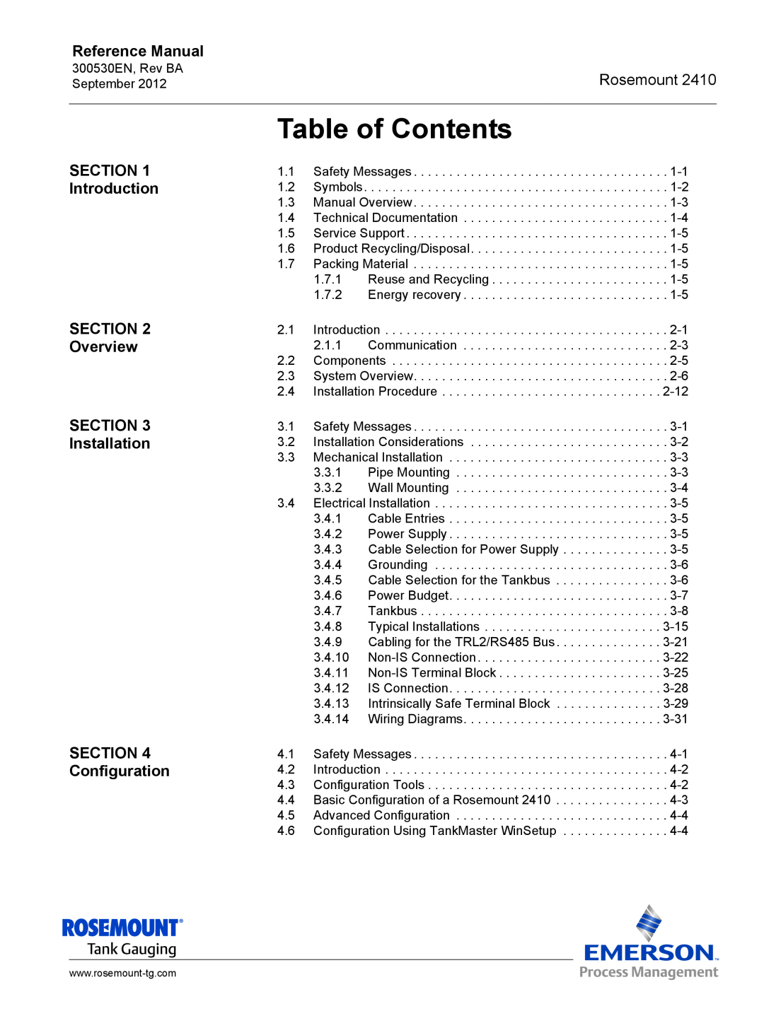 Emerson Process Management Rosemount 2410 manual Table of Contents, Introduction Overview Installation, Configuration 